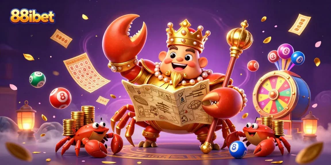 88ibet's vibrant casino scene with a golden crab emperor and lottery elements showcasing exciting gameplay.