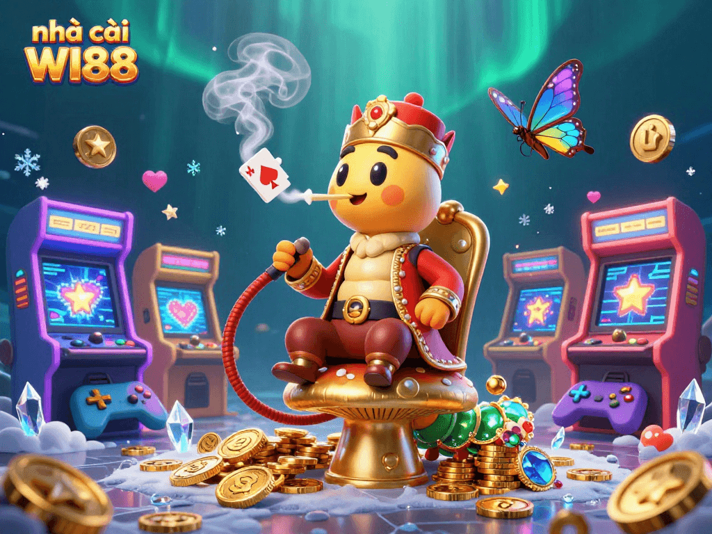 Enjoy gaming thrills at nhà cái WI88 with vibrant 3D illustration showcasing rich casino elements.