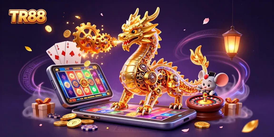 Experience epic wins at TR88 with a golden dragon and dynamic casino elements like slots and cards.
