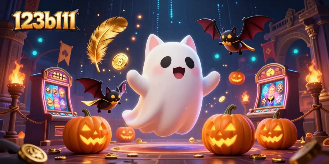 Engage with the 123b111 haunted casino scene featuring a ghost cat and vampire bat amidst slot machines.