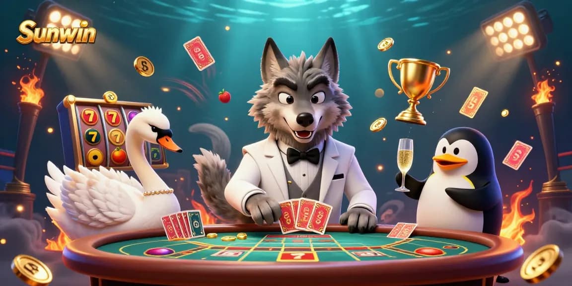 Engage with Sunwin's vibrant slots scene featuring a debonair wolf, elegant swan, and a penguin presenting champagne.