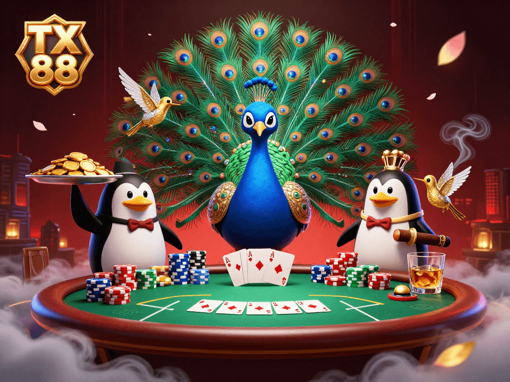 Play thrilling games at TX 88 with a lively scene of poker chips and vibrant casino characters.