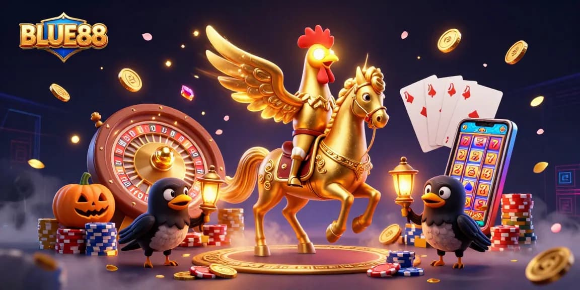 Experience thrilling gaming excitement at BLUE88 with golden rooster and casino elements in vibrant illustration.