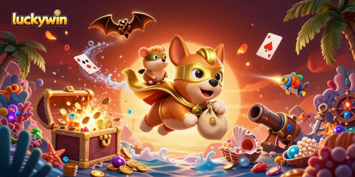 Join luckywin with a heroic flying dog and hamster amid gold coins and poker symbols in a vibrant casino ocean.