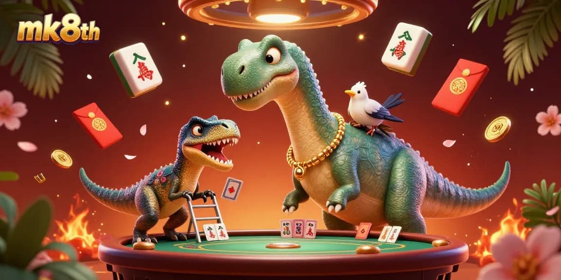 Engage with stunning mk8th wagering scene featuring a lively brontosaurus and raptor at a poker table.