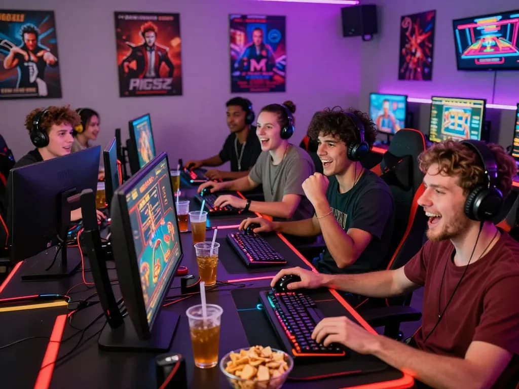 Exciting group of friends enjoying 娛樂城 online gaming environment with vibrant LED lights and lively atmosphere.