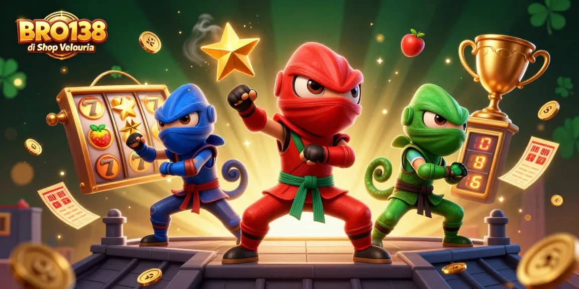 Experience thrilling slot action at BRO138 di Shop Velouria with vibrant slot elements and dynamic chameleon ninjas.