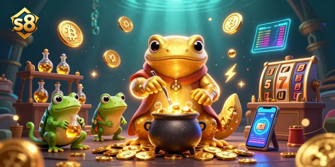 Engage in thrilling gaming at s8 with a vibrant 3D scene featuring alchemists and glowing cryptocurrencies.