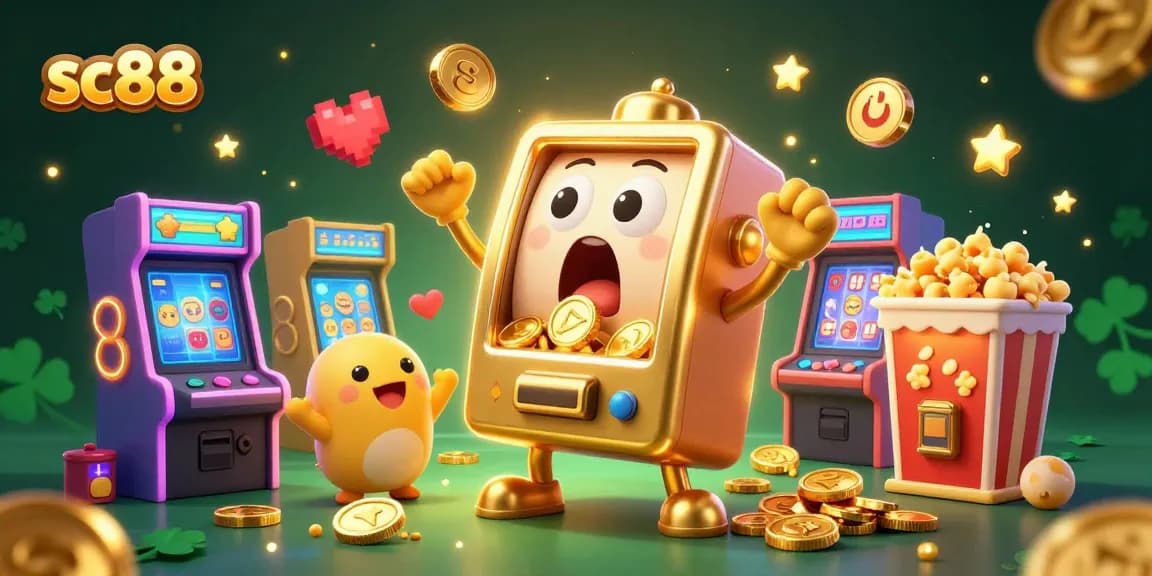 sc88 slots machine hits jackpot, with cheering baby machines and popcorn sidekick