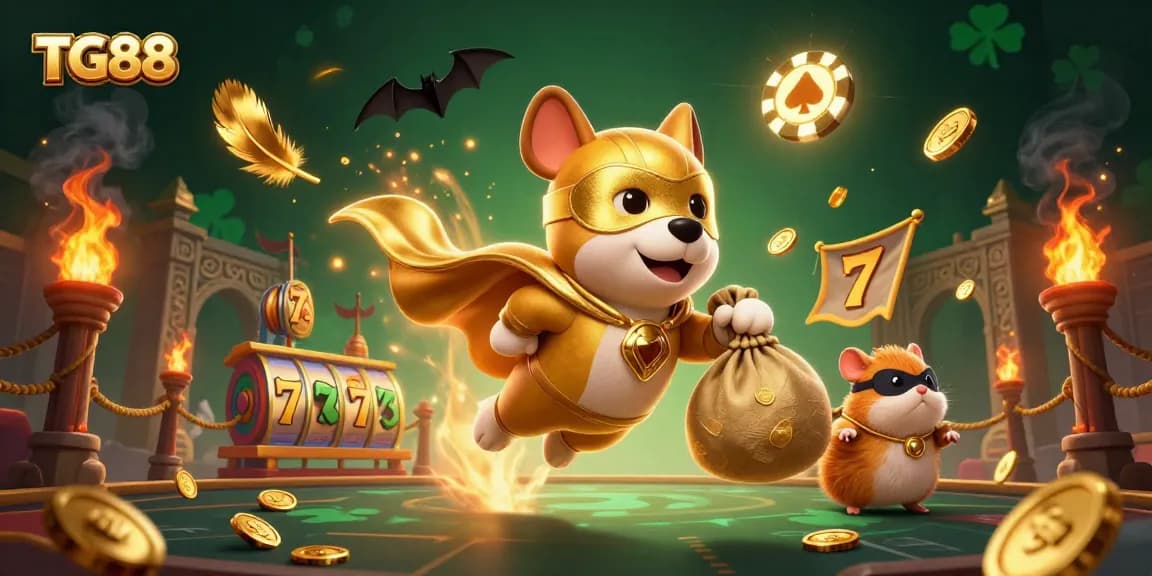 Experience TG88 gaming with a vibrant 3D scene showcasing a superhero dog and hamster in a thrilling casino atmosphere.
