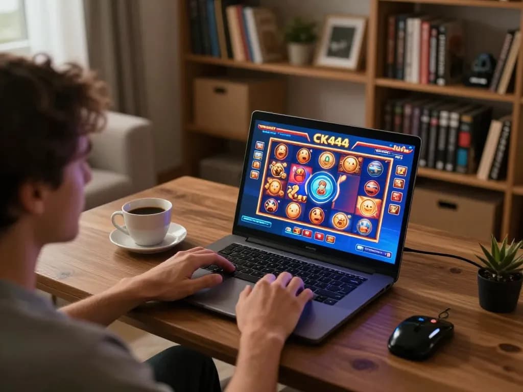 Engaging online gambling scene with CK444 displayed on a laptop, showcasing vibrant slot game interface.
