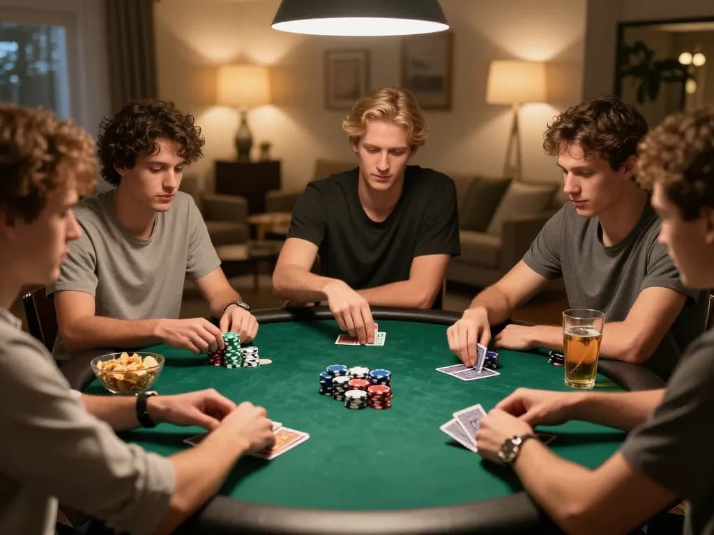 Group of friends enjoying a lively poker game night at home, highlighting 28bet8.