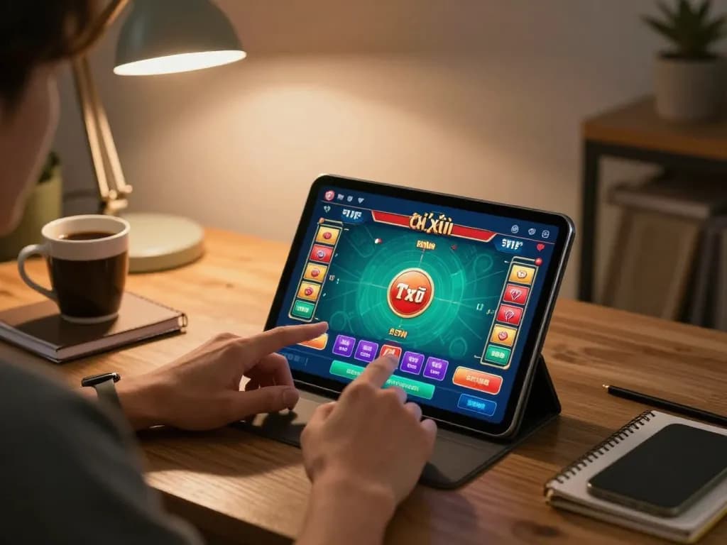 Tài xỉu online gameplay on tablet in cozy home setting with strategy notes and beverage.