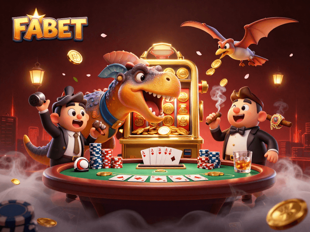 FABET players enjoying a jackpot moment with flying coins in a vibrant casino scene.