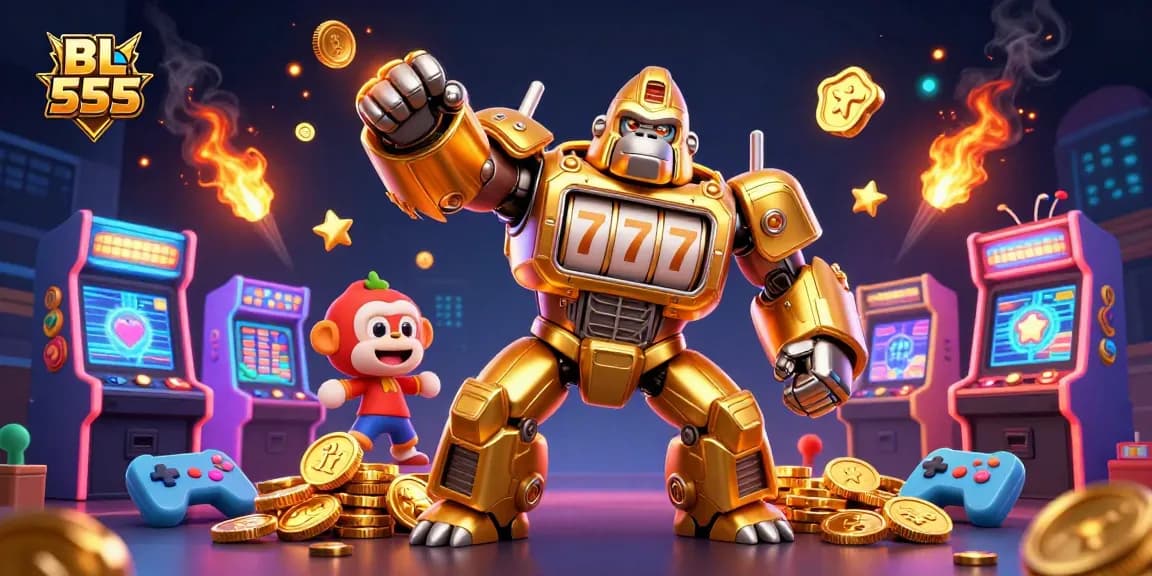 Engage with BL 555's dynamic casino adventures featuring a golden gorilla mech exploding with coins.