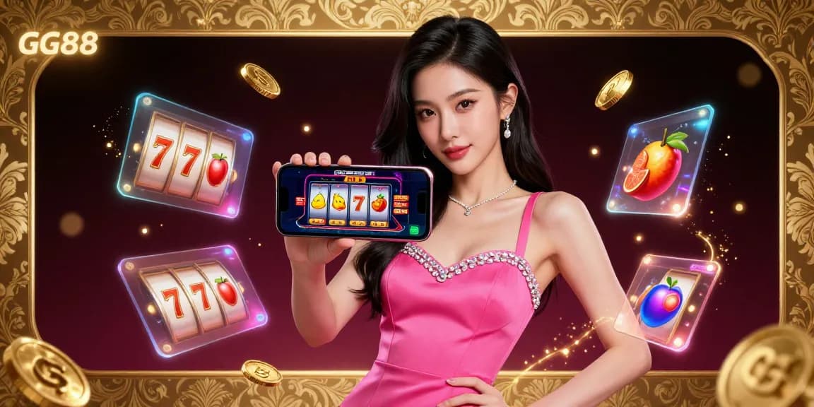 Experience the excitement of GG88 with a glamorous Asian woman enjoying live dealer games on her smartphone.