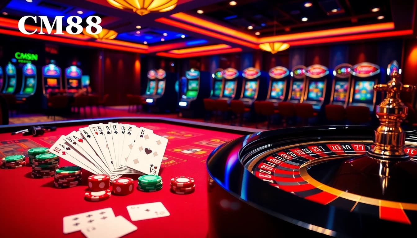 CM88 casino scene showcasing vibrant poker chips and a roulette wheel in an exciting gambling atmosphere.