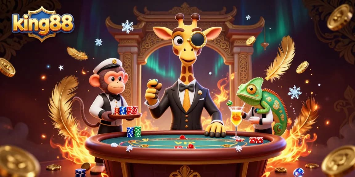 Engage with king88 at a vibrant casino scene featuring a high-roller giraffe and dynamic gaming elements.