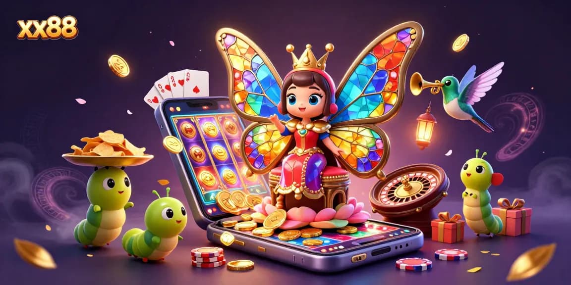 Experience the magic of xx88 casino games with vibrant illustrations of slot reels and dazzling characters.