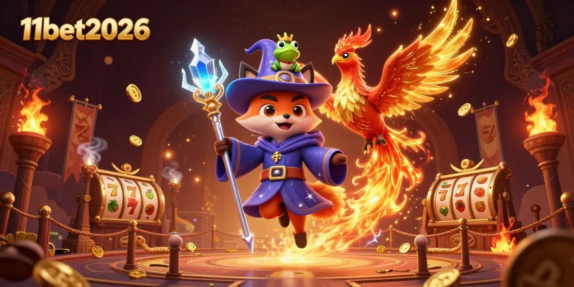 Engage with 11bet2026's vibrant casino magic featuring a wizard fox, phoenix, and enchanted frog.