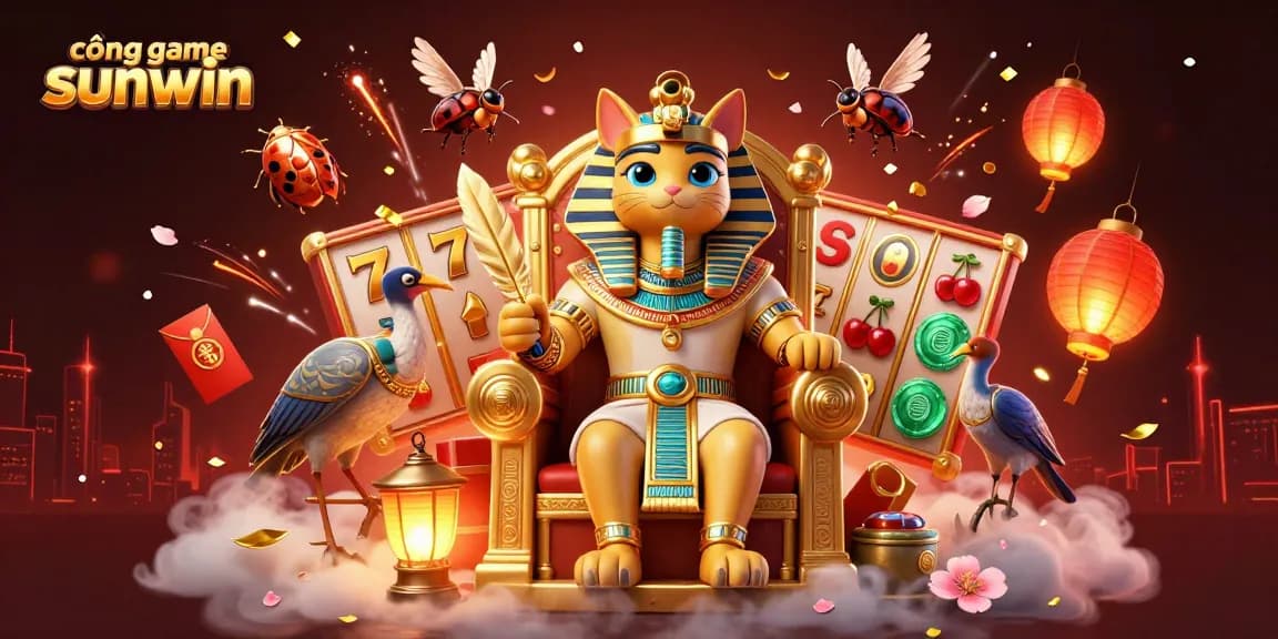 Experience excitement with cổng game sunwin, featuring an Egyptian pharaoh cat, slot reels, and festive ambiance.