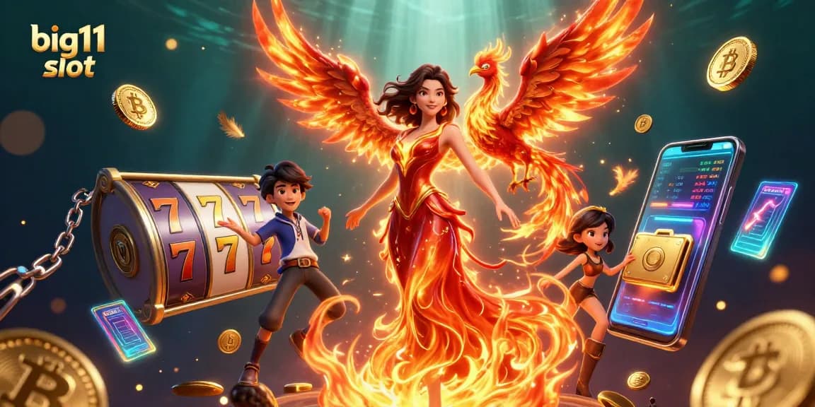 Mainkan big11 slot yang menampilkan wanita Asia yang menawan dalam gaun berapi dengan phoenix di tengah simbol kasino.