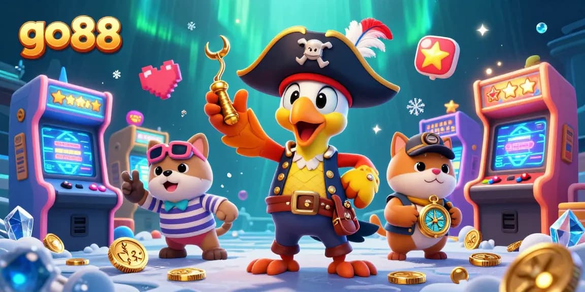 Experience thrilling gaming action at go 88 with characters and casino game elements in a vibrant 3D scene.