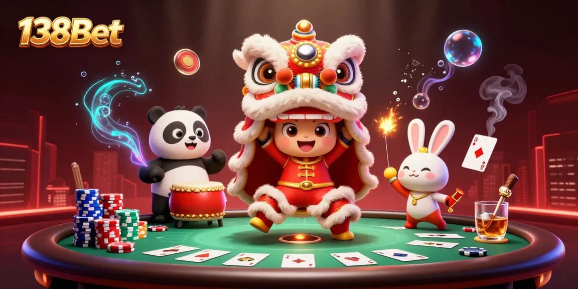 Experience the thrilling casino atmosphere with 138Bet as characters enhance the vibrant gaming scene filled with poker elements.