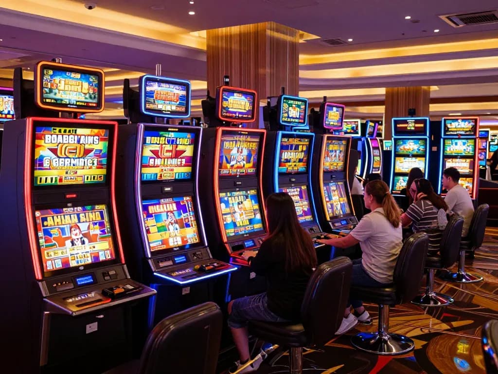 Players enjoying slot gacor machines amidst vibrant casino ambiance and excitement.