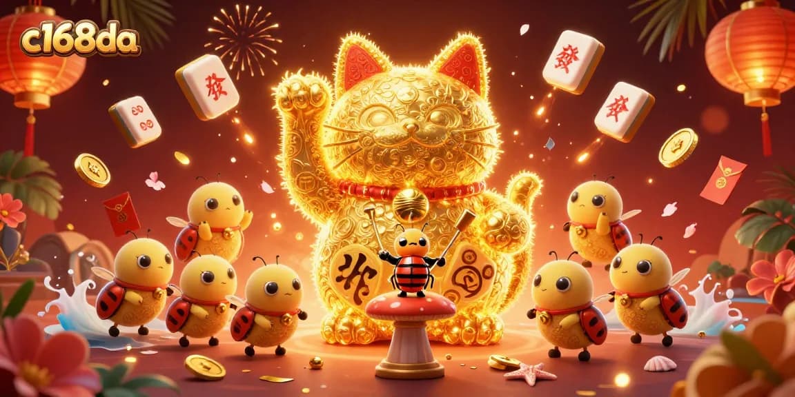 Experience the thrill at c168da with a lucky cat, casino symbols, and festive decorations.