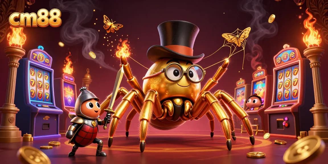 Witness cm88's thrilling casino adventure featuring a golden tarantula and a knight in a vibrant, dynamic scene.
