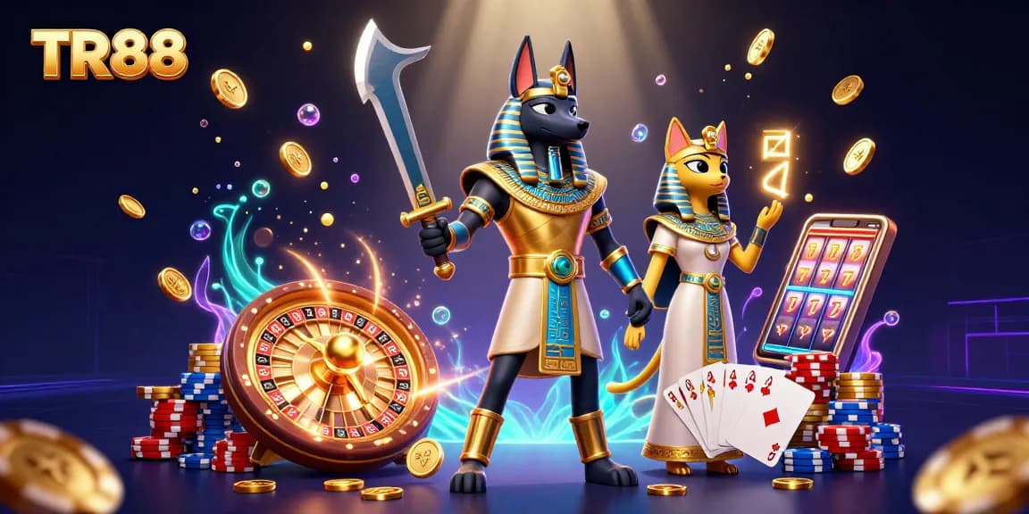 Experience thrilling wins with TR88 in this dazzling 3D casino scene, featuring Anubis, gold coins, and a roulette wheel.
