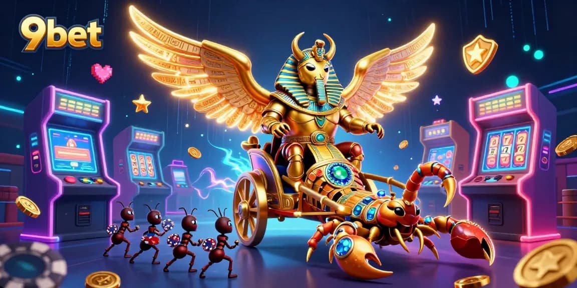 Experience thrilling action at 9bet with a vivid illustrated casino scene featuring golden slot elements.
