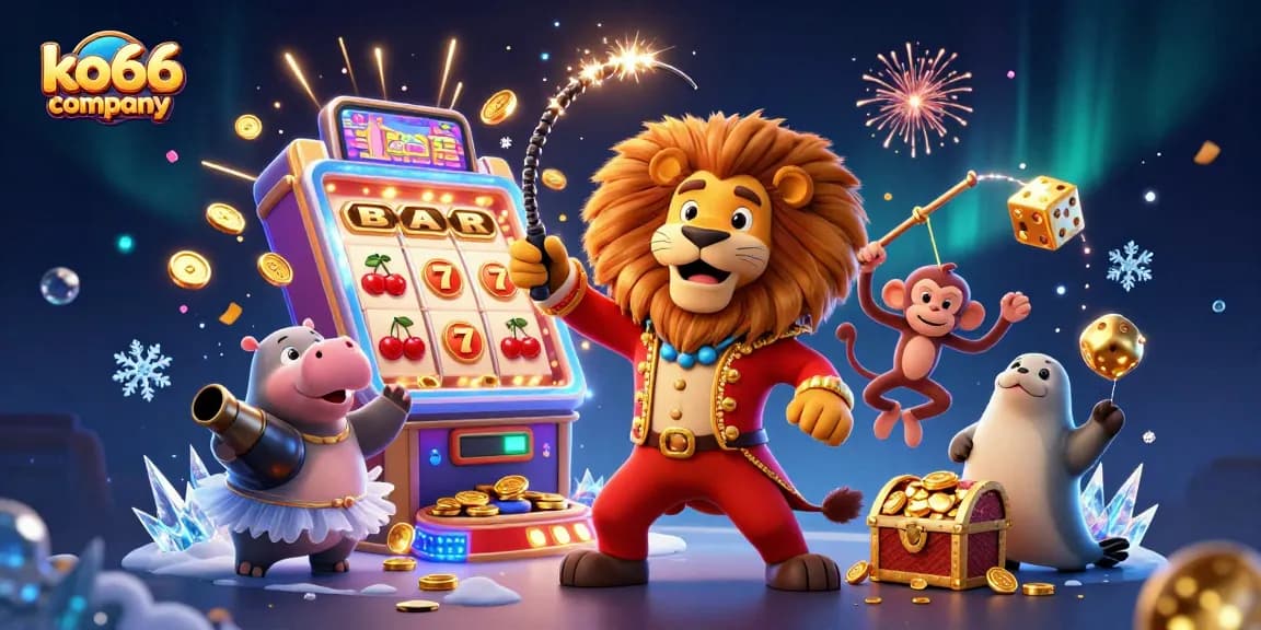 Experience the thrill with ko66 company as characters celebrate jackpots in a vibrant casino scene.