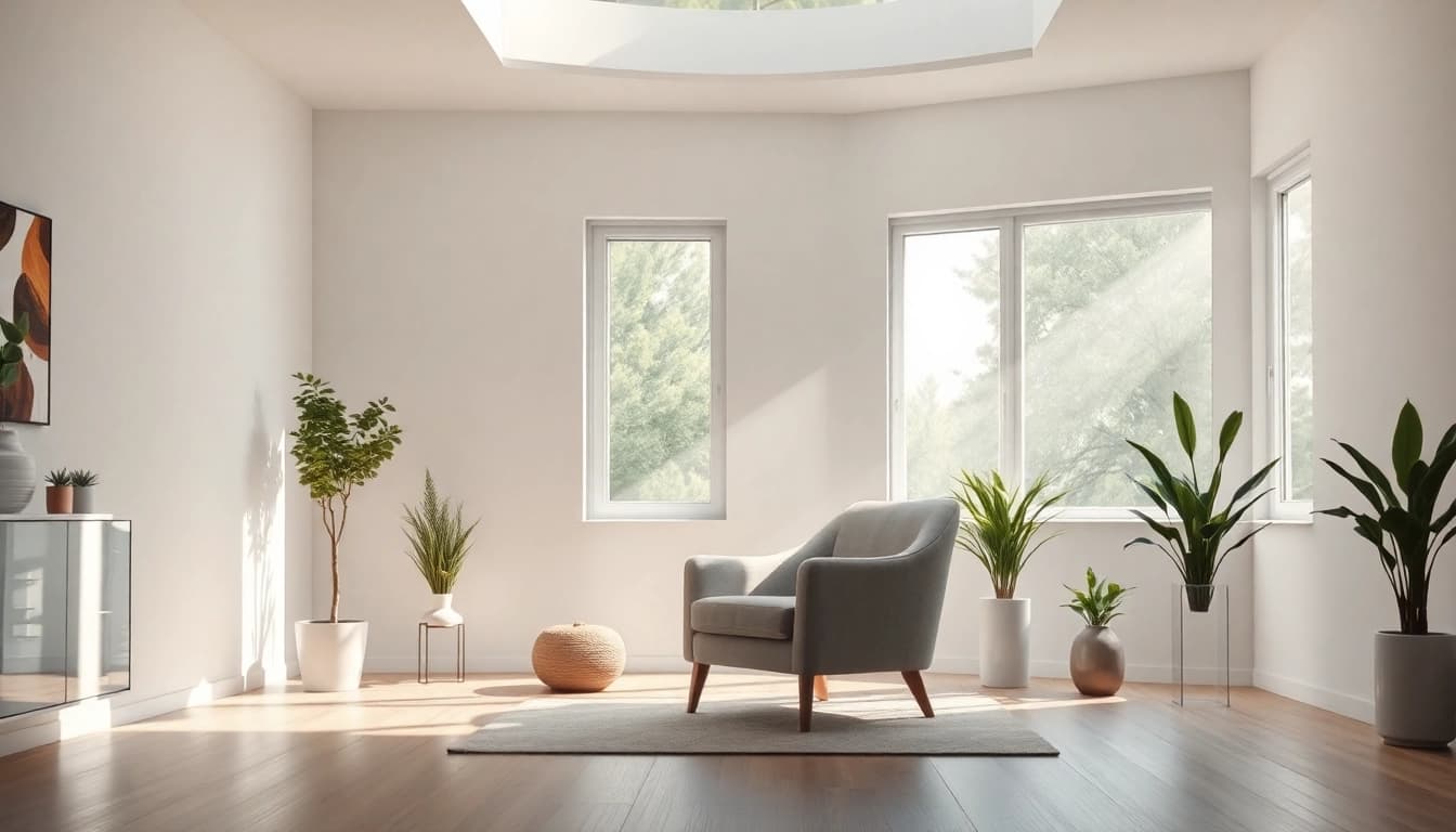 Entspanne dich in einem modernen Hypnoseinstitut mit beruhigenden Farben und einer einladenden Atmosphäre.