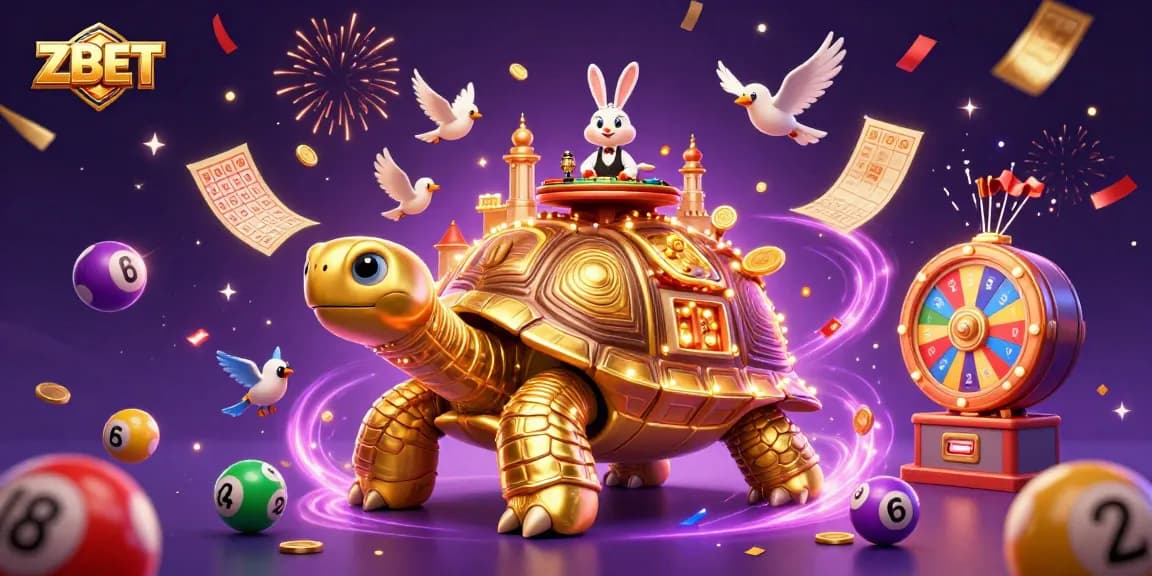 ZBET transforms gaming experiences with a vibrant 3D casino scene featuring a giant golden tortoise and exciting gambling elements.
