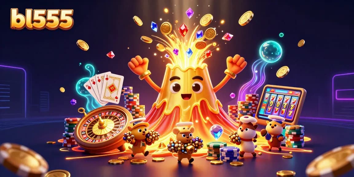 Experience the excitement of bl555 with treasures from the golden volcano, coins, and vibrant gaming elements.