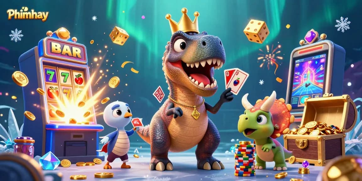 Engage in Phimhay's thrilling 3D casino scene featuring animated dinosaurs and vibrant gaming elements.