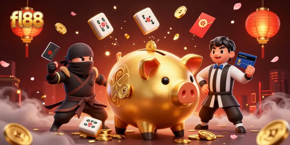 fl88 casino animation showing a piggy bank sumo, ninja wallet, and samurai referee erupting coins