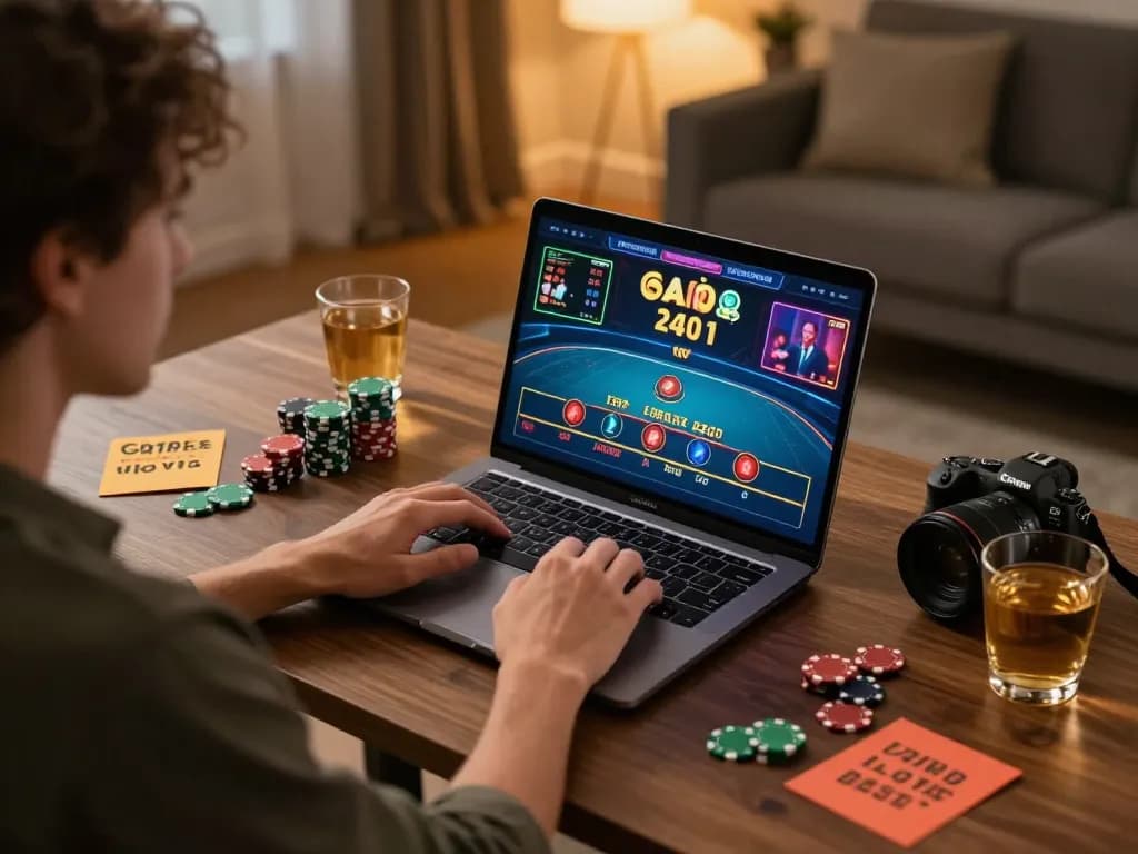 Engaging online gambling experience at s666no1 with player immersed in live casino game at home