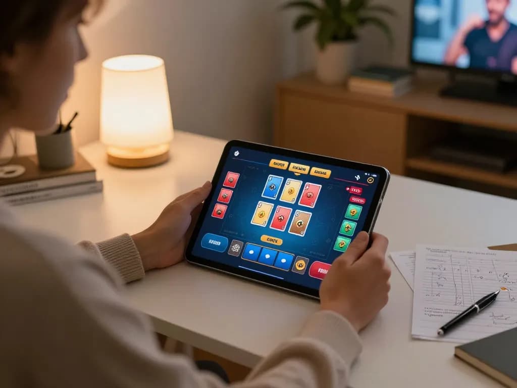 uu8855 player engaged in strategic online poker game on tablet, showcasing vibrant interface and home gaming setup