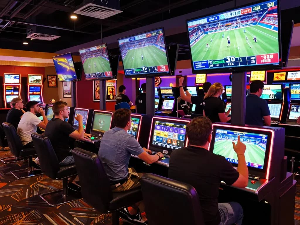 SHBET enthusiasts placing bets in a vibrant sports lounge with multiple screens.