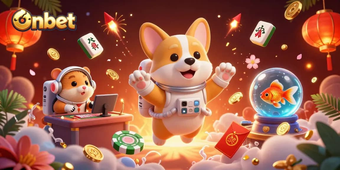 Experience Onbet with a cartoon astronaut corgi in a cosmic casino, drifting poker chips and glowing elements.