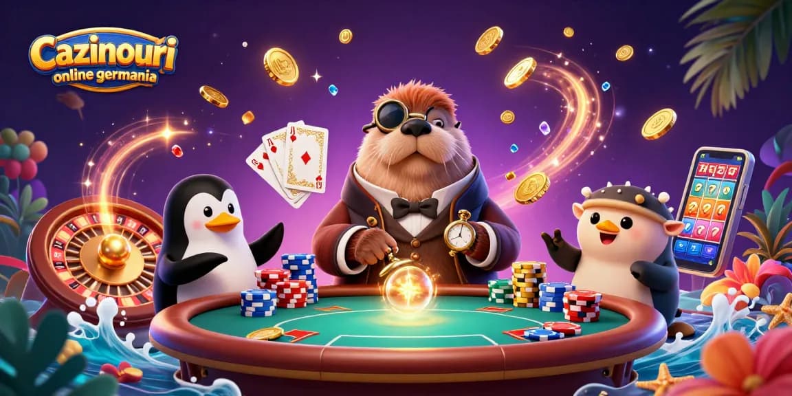 Play at Cazinouri online germania featuring a walrus, a penguin dealer, and a pufferfish bluffing at an underwater casino table.