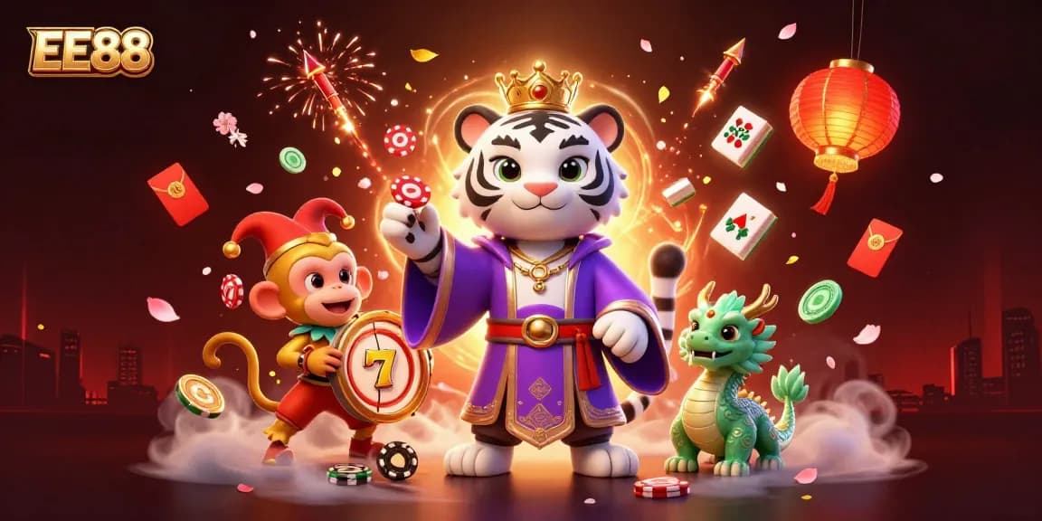 EE88 showcases a vibrant 3D casino scene with exciting slot reels and gambling elements.