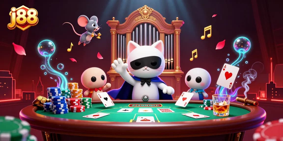 Experience j88's vibrant casino excitement with a 3D phantom cat and poker elements.