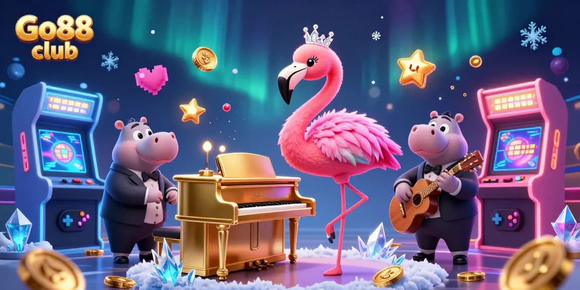 Experience the vibrant Go88 club with a 3D lounge singer flamingo and hippo bassist amidst colorful gaming elements.