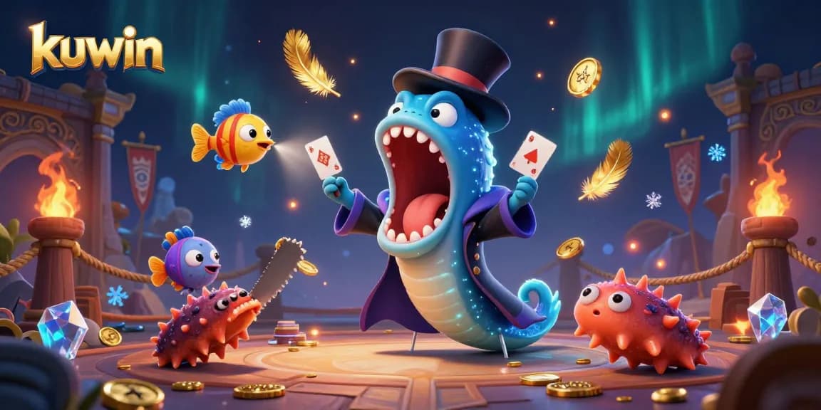 Engage with kuwin at the casino where a magical eel performs card tricks amidst gold and vibrant gaming elements.