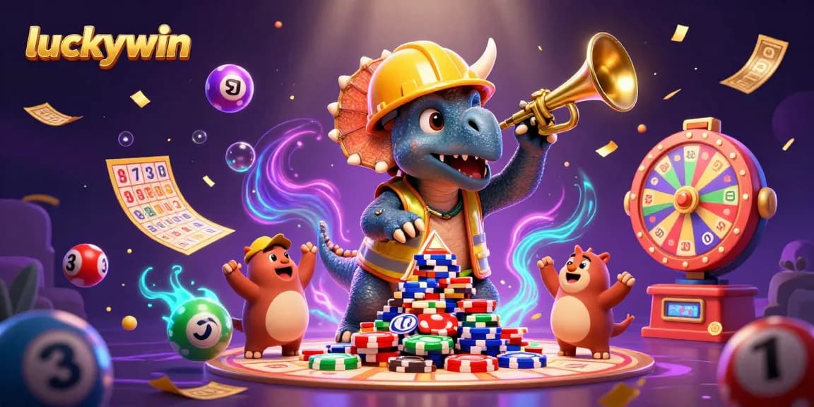 Experience luckywin's excitement with cartoon dinosaurs celebrating as they build poker chip pyramids!
