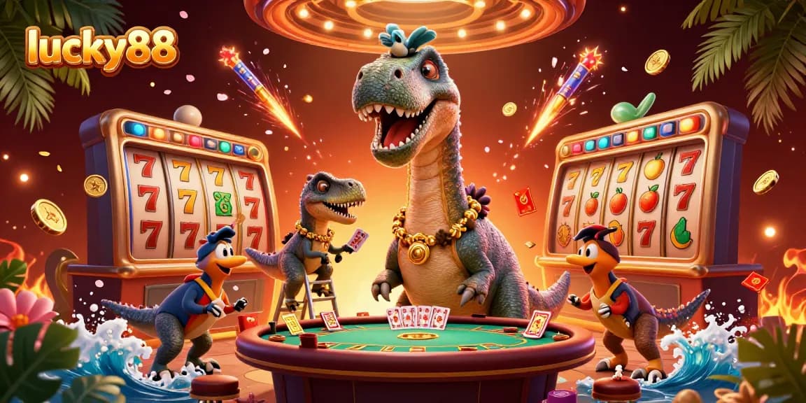 Engage with lucky88 for thrilling slots action featuring a towering dinosaur dealer and vibrant game elements.